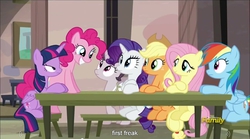 Size: 1282x713 | Tagged: safe, screencap, applejack, fluttershy, pinkie pie, rainbow dash, rarity, sugar belle, twilight sparkle, alicorn, pony, g4, the cutie map, female, mane six, mare, meme, twilight sparkle (alicorn), youtube caption