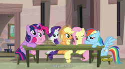 Size: 1279x712 | Tagged: safe, screencap, applejack, fluttershy, pinkie pie, rainbow dash, rarity, twilight sparkle, alicorn, pony, g4, the cutie map, female, mane six, mare, meme, twilight sparkle (alicorn), youtube caption