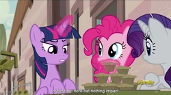 Size: 1280x713 | Tagged: safe, screencap, pinkie pie, rarity, twilight sparkle, alicorn, pony, g4, the cutie map, female, mare, meme, twilight sparkle (alicorn), youtube caption