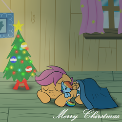 Size: 900x900 | Tagged: safe, artist:fillyscoots42, rainbow dash, scootaloo, pegasus, pony, g4, blanket, christmas, christmas tree, crinkleloo, diaper, doll, eyes closed, female, filly, floppy ears, folded wings, frown, holiday, lying down, merry christmas, plushie, prone, rainbow dash plushie, sleeping, solo, tree, window, wings