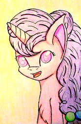Size: 632x960 | Tagged: safe, artist:acleus097, sugar belle, pony, unicorn, g4, female, looking at you, open mouth, simple background, solo, traditional art, yellow background