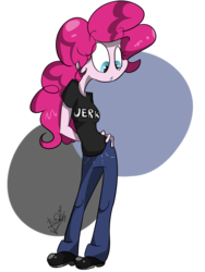 Size: 1500x2000 | Tagged: safe, artist:befishproductions, pinkie pie, equestria girls, g4, accessory swap, clothes swap, crossdressing, crossover, dan vs, signature, simple background, solo, transparent background