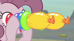 Size: 1280x712 | Tagged: safe, screencap, pinkie pie, g4, the cutie map, balloon, balloon binoculars, binoculars, meme, youtube caption