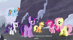 Size: 1279x711 | Tagged: safe, screencap, applejack, fluttershy, pinkie pie, rainbow dash, rarity, twilight sparkle, alicorn, pony, g4, the cutie map, female, mane six, mare, meme, twilight sparkle (alicorn), youtube caption