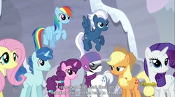 Size: 1281x712 | Tagged: safe, screencap, applejack, double diamond, fluttershy, night glider, party favor, rainbow dash, rarity, sugar belle, earth pony, pegasus, pony, unicorn, g4, the cutie map, equal four, female, male, mare, meme, stallion, text, youtube caption