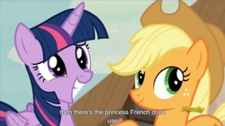 Size: 2560x1436 | Tagged: safe, screencap, applejack, twilight sparkle, alicorn, pony, g4, the cutie map, female, mare, meme, twilight sparkle (alicorn), youtube caption