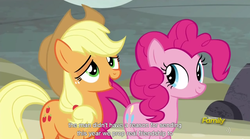 Size: 1279x709 | Tagged: safe, screencap, applejack, pinkie pie, g4, the cutie map, meme, youtube caption