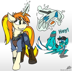 Size: 1809x1788 | Tagged: safe, artist:ralek, oc, oc only, oc:frosty winds, oc:greaser, cyborg, fallout equestria, fallout equestria: memories, fallout equestria: outlaw, bondage, commission, magic, prosthetic limb, tied up