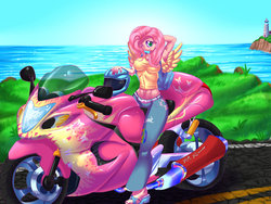 Size: 1024x768 | Tagged: safe, artist:f-nar, fluttershy, human, g4, belly button, breasts, busty fluttershy, feet, female, helmet, humanized, midriff, motorcycle, motorcycle helmet, solo, toes
