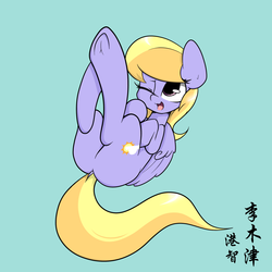 Size: 1280x1280 | Tagged: safe, artist:lightningnickel, cloud kicker, pegasus, pony, g4, butt, chinese, chinese words, commission, cute, featureless crotch, female, legs in air, open mouth, plot, solo, underhoof, wings, wink