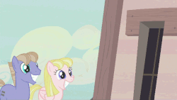 Size: 610x343 | Tagged: safe, artist:superedit, edit, screencap, fluttershy, moon dust, earth pony, pegasus, pony, g4, the cutie map, animated, covering mouth, eyes closed, female, floppy ears, raspberry, shocked, spread wings, tongue out, wide eyes