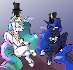 Size: 2500x2414 | Tagged: safe, artist:dimfann, princess celestia, princess luna, alicorn, pony, g4, classy, crossed legs, duo, female, hat, hatception, high res, like a sir, mare, monocle, monocle and top hat, quite, royal sisters, siblings, sillestia, silly, silly pony, sisters, tea, top hat, towering pillar of hats