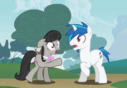 Size: 1460x1016 | Tagged: safe, artist:rex213, dj pon-3, octavia melody, vinyl scratch, earth pony, pony, unicorn, g4, bow, double rainboom puppet, duo, duo male and female, female, floppy ears, male, mare, record scrape, red eyes, rule 63, stallion, surprised