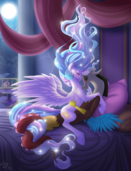 Size: 1000x1300 | Tagged: safe, artist:falleninthedark, discord, fluttershy, princess celestia, alicorn, draconequus, pegasus, pony, g4, bed, blushing, cuddling, eyes closed, female, heart, hug, intertwined tails, male, missing accessory, moon, pillow, ship:dislestia, shipper on deck, shipping, smiling, spread wings, straight, underhoof, watching