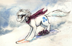 Size: 1060x681 | Tagged: safe, artist:kenket, double diamond, earth pony, pony, g4, clothes, goggles, male, scarf, snowboard, snowboarding, solo, stallion