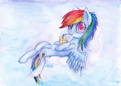 Size: 3399x2424 | Tagged: safe, artist:0okami-0ni, rainbow dash, g4, cloud, cloudy, drinking, female, glass, high res, signature, sipping, solo, straw, traditional art, watercolor painting