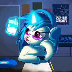 Size: 864x864 | Tagged: safe, artist:zelc-face, dj pon-3, vinyl scratch, pony, unicorn, g4, cigarette, desk, door, female, glowing horn, headphones, horn, musical instrument, nose picking, paper, pencil, piano, poster, record, solo, sunglasses, tongue out