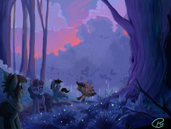 Size: 2673x2025 | Tagged: dead source, safe, artist:psychoon, oc, oc only, earth pony, firefly (insect), insect, pegasus, pony, unicorn, cloud, dusk, forest, happy, high res, painting, running, signature, smiling