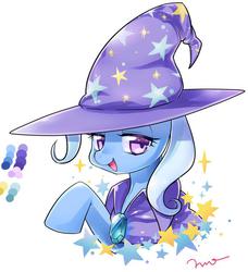 Size: 652x714 | Tagged: safe, artist:mococo, trixie, pony, unicorn, g4, cape, clothes, female, hat, lidded eyes, mare, solo, stars, trixie's cape, trixie's hat