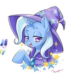 Size: 652x714 | Tagged: safe, artist:mococo, trixie, pony, unicorn, g4, cape, clothes, female, hat, lidded eyes, mare, solo, stars, trixie's cape, trixie's hat