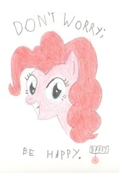 Size: 3032x4377 | Tagged: safe, artist:barryfrommars, pinkie pie, g4, bobby mcferrin, colored, don't worry be happy, female, pencil drawing, reference, signature, smiling, solo, song reference, traditional art