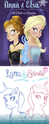 Size: 534x1336 | Tagged: safe, artist:dynamocha, princess celestia, princess luna, human, g4, anna, cover, elsa, frozen (movie), horn, horned humanization, humanized, winged humanization