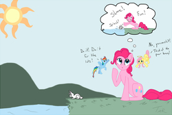 Size: 1080x727 | Tagged: safe, artist:tar-the-pirate, fluttershy, pinkie pie, rainbow dash, rabbit, g4