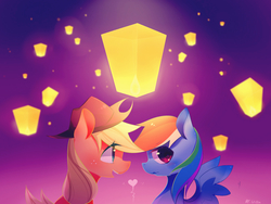 Size: 1400x1050 | Tagged: safe, artist:viltreelin, applejack, rainbow dash, g4, blushing, female, heart, lantern, lesbian, paper lantern, ship:appledash, shipping