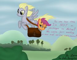 Size: 1024x800 | Tagged: safe, artist:zonra, derpy hooves, scootaloo, pegasus, pony, g4, bag, female, flying, mare