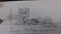 Size: 4320x2432 | Tagged: artist needed, safe, princess luna, alicorn, pony, g4, female, lined paper, monochrome, prone, solo, traditional art