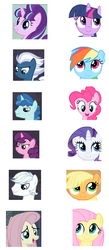 Size: 881x2021 | Tagged: safe, applejack, double diamond, fluttershy, night glider, party favor, pinkie pie, rainbow dash, rarity, starlight glimmer, sugar belle, twilight sparkle, alicorn, earth pony, pegasus, pony, unicorn, g4, the cutie map, comparison, equal four, horn, mane six