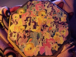 Size: 3716x2787 | Tagged: safe, applejack, fluttershy, pinkie pie, rainbow dash, rarity, twilight sparkle, alicorn, pony, g4, coasterfied, customized toy, female, high res, mane six, mare, recycling, sticker, twilight sparkle (alicorn)