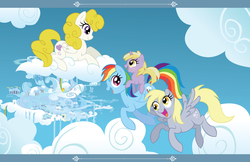 Size: 6800x4400 | Tagged: safe, artist:dey-chan, derpy hooves, dinky hooves, rainbow dash, surprise, pegasus, pony, g1, g4, absurd resolution, cloud, cloudsdale, cloudy, female, flying, mare