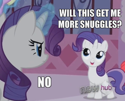 Size: 807x649 | Tagged: safe, screencap, rarity, sweetie belle, g4, magic duel, alternate hairstyle, blatant lies, disguise, image macro, imma snuggle you, meme, raritie belle