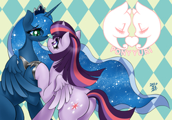 Size: 1200x840 | Tagged: safe, artist:aoi takayuki, princess luna, twilight sparkle, alicorn, pony, comic:pony love 2, g4, butt, female, holding hooves, lesbian, logo, mare, pixiv, plot, ship:twiluna, shipping, twibutt, twilight sparkle (alicorn)