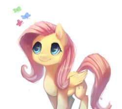 Size: 1091x983 | Tagged: safe, artist:siffou, fluttershy, butterfly, pegasus, pony, g4, female, mare, simple background, smiling, solo, transparent background