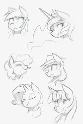 Size: 1280x1920 | Tagged: safe, artist:glacierponi, applejack, pinkie pie, princess celestia, rainbow dash, rarity, twilight sparkle, g4, doodle, monochrome, portrait