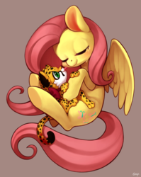 Size: 1432x1800 | Tagged: safe, artist:ciciya, fluttershy, cheetah, pegasus, pony, g4, animal, blushing, crying, cuddling, cute, eyes closed, featured image, female, happy, hug, licking, mare, shyabetes, smiling, snuggling, solo, teary eyes, tongue out, underhoof