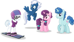 Size: 5372x3071 | Tagged: safe, artist:vector-brony, double diamond, night glider, party favor, sugar belle, earth pony, pegasus, pony, unicorn, g4, the cutie map, absurd resolution, clothes, equal four, female, floating, goggles, group, helmet, inkscape, looking at each other, male, mare, raised hoof, scarf, signature, simple background, skis, stallion, transparent background, vector