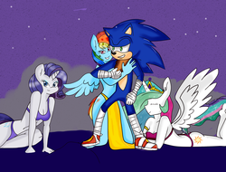 Size: 2624x1992 | Tagged: safe, artist:kaiamurosesei, princess celestia, rainbow dash, rarity, anthro, unguligrade anthro, g4, belly button, crossover, crossover shipping, male, shipping, sonic boom, sonic the hedgehog, sonic the hedgehog (series), sonicdash