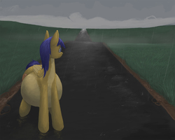 Size: 1500x1200 | Tagged: safe, artist:difetra, oc, oc only, oc:jesse orange, pegasus, pony, belly, big belly, countershading, fat, grass, male, not pregnant, overcast, rain, road, round belly, turned head