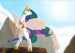 Size: 1023x726 | Tagged: safe, artist:casparraillen, princess celestia, g4, female, magic, mountain, rearing, solo, spread wings, sunrise