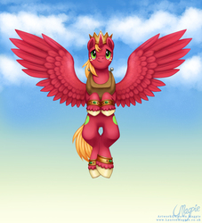 Size: 900x992 | Tagged: dead source, safe, artist:laurenmagpie, big macintosh, alicorn, pony, g4, alicornified, bigmacicorn, flying, hilarious in hindsight, male, princess big mac, race swap, solo, spread wings