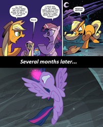 Size: 634x786 | Tagged: safe, artist:andy price, idw, official comic, applejack, fluttershy, rainbow dash, twilight sparkle, alicorn, earth pony, pony, g4, the cutie map, spoiler:comic, spoiler:comic25, adventure in the comments, comic, comparison, cropped, female, gritted teeth, mare, speech bubble, spread wings, twilight sparkle (alicorn), wings