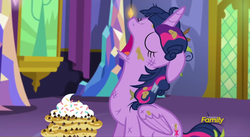 Size: 1919x1051 | Tagged: safe, screencap, twilight sparkle, alicorn, pony, castle sweet castle, g4, female, folded wings, majestic as fuck, mare, pancakes, sleeping, snoring, solo, tired, twilight sparkle (alicorn), wings