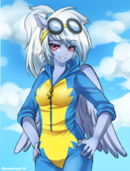 Size: 800x1053 | Tagged: safe, artist:racoonsan, oc, oc only, oc:cirrus skybreaker, human, pegasus, pony, clothes, eared humanization, female, goggles, hand on hip, humanized, humanized oc, looking at you, pony coloring, ponytail, rolled up sleeves, rule 63, solo, winged humanization, wings, wonderbolts, wonderbolts uniform