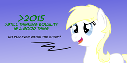 Size: 2160x1080 | Tagged: safe, artist:anonymous, oc, oc only, oc:aryanne, pony, 2015, blank flank, costanza face, do you even watch the show?, equality, greentext, implying, it's the current year, meme, op is a duck, question, reality check, social justice, solo, standing, text, upper body
