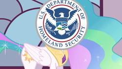 Size: 1280x720 | Tagged: safe, edit, princess celestia, alicorn, eagle, pony, seal, g4, twilight's kingdom, arrow, department of homeland security, female, mare, olive branch, solo, sparkles, standing, wat