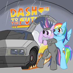 Size: 1813x1796 | Tagged: safe, artist:timorikawa, rainbow dash, twilight sparkle, g4, back to the future, delorean, pixiv