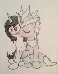 Size: 1606x2046 | Tagged: safe, artist:shadayloronic, oc, alicorn, pony, alicorn oc, crossover shipping, kissing, male, ponified, present, silver the hedgehog, sonic the hedgehog, sonic the hedgehog (series), traditional art